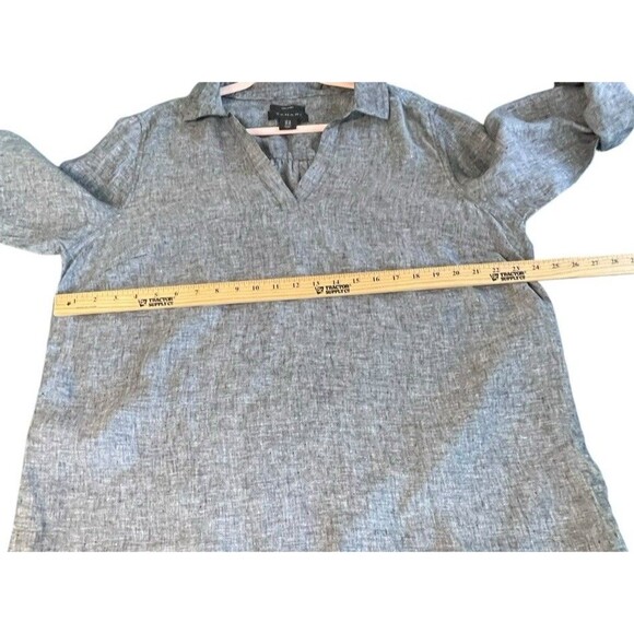 TAHARI 100% Linen Top Blouse Sz 1X Popover Hi-lo Hem V-Neck Boho Blue Lagenlook - Picture 10 of 11